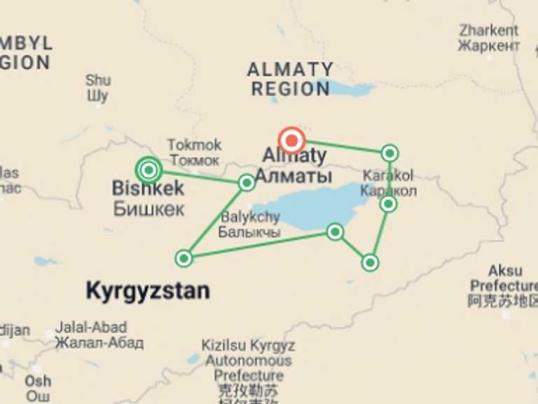 Map itinerary of Bishkek Tour in April 2026 with 8 destination visits for the trip: Highlights of Kyrgyzstan and Kazakhstan