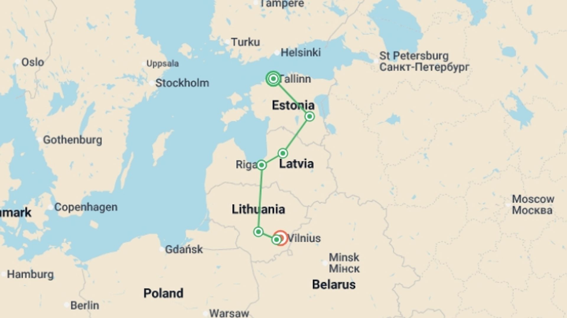 A map showing the tour itinerary for the trip: Best of Baltics, starting in Tallinn, Estonia and ending in Vilnius, Lithuania going through 4 other destinations.