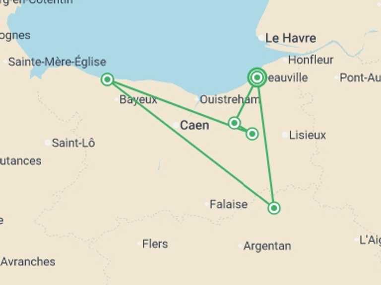 Map itinerary of France Tour in May 2026 with 5 destination visits for the trip: Normandy on Foot