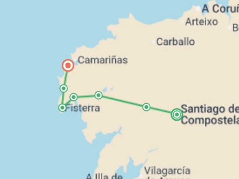 Map itinerary of Santiago De Compostela Tour in December 2025 with 7 destination visits for the trip: Camino de Santiago to Muxia - 8 days
