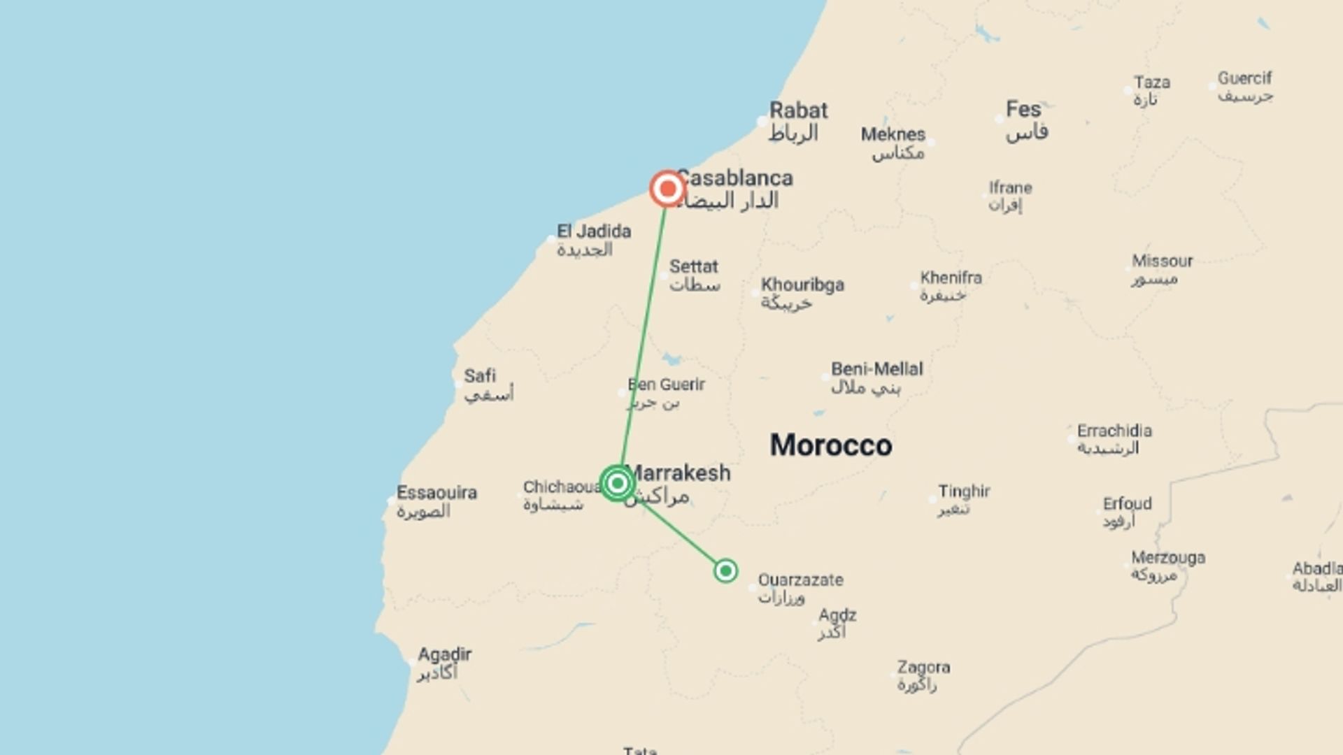 A map showing the tour itinerary for the trip: Marrakech & Atlas Mountains - 5 days , starting in Marrakech, Morocco and ending in Casablanca, Morocco going through 1 other destinations.