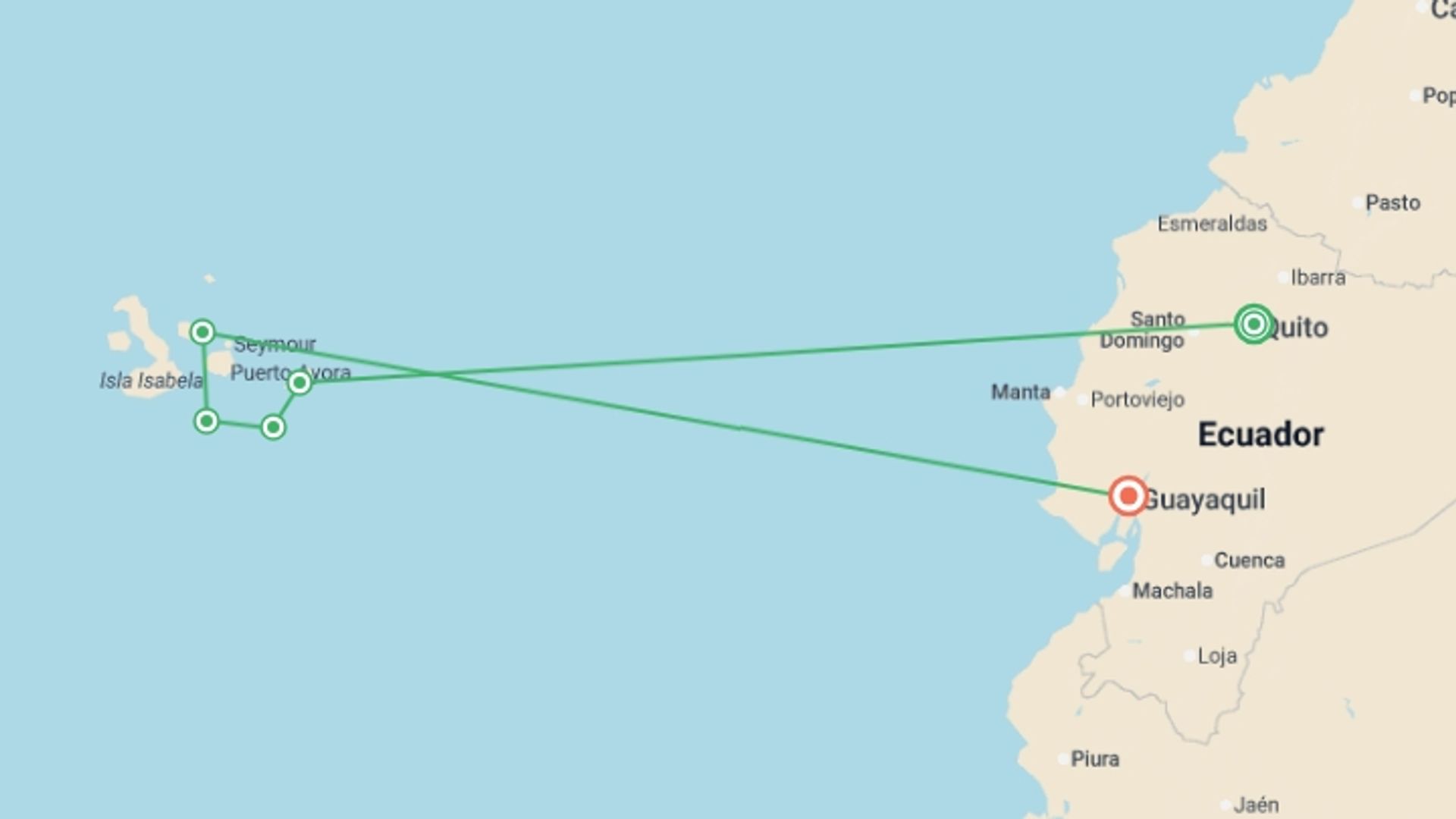 A map showing the tour itinerary for the trip: Galapagos Escape - Solaris (Itinerary C), starting in Quito, Ecuador and ending in Guayaquil, Ecuador going through 4 other destinations.