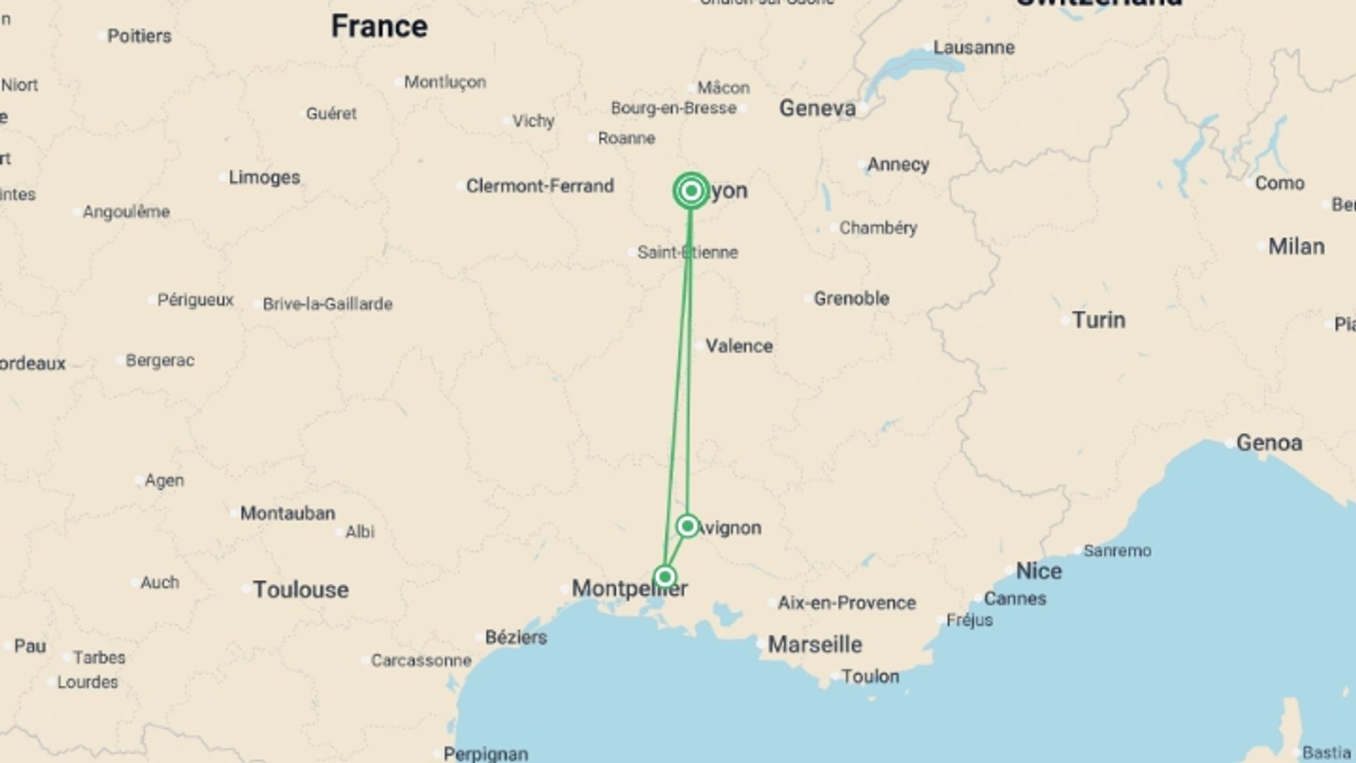A map showing the tour itinerary for the trip: A Christmas in Provence (port-to-port cruise), starting in Lyon, France and ending in Lyon, France going through 2 other destinations.