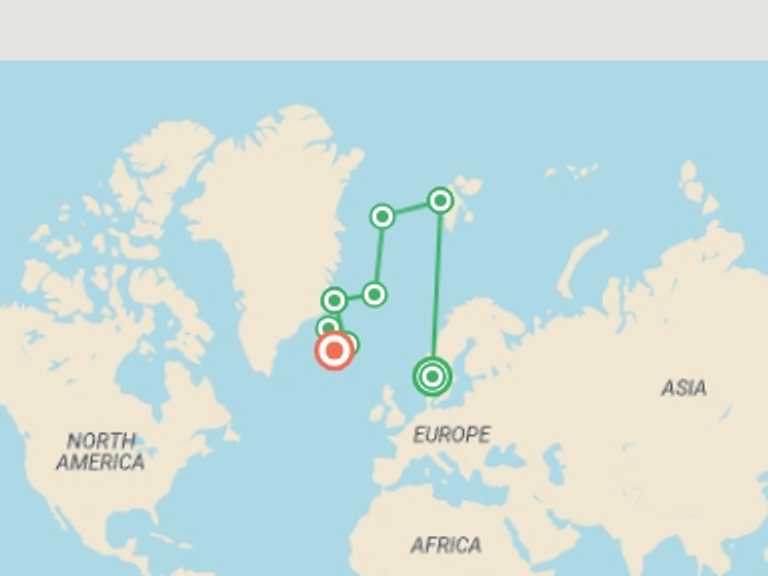 Map of 15-Day Europe Tour with 8 destination visits for the trip: Spitsbergen, Greenland and Iceland Solar Eclipse Departure - M/V Greg Mortimer