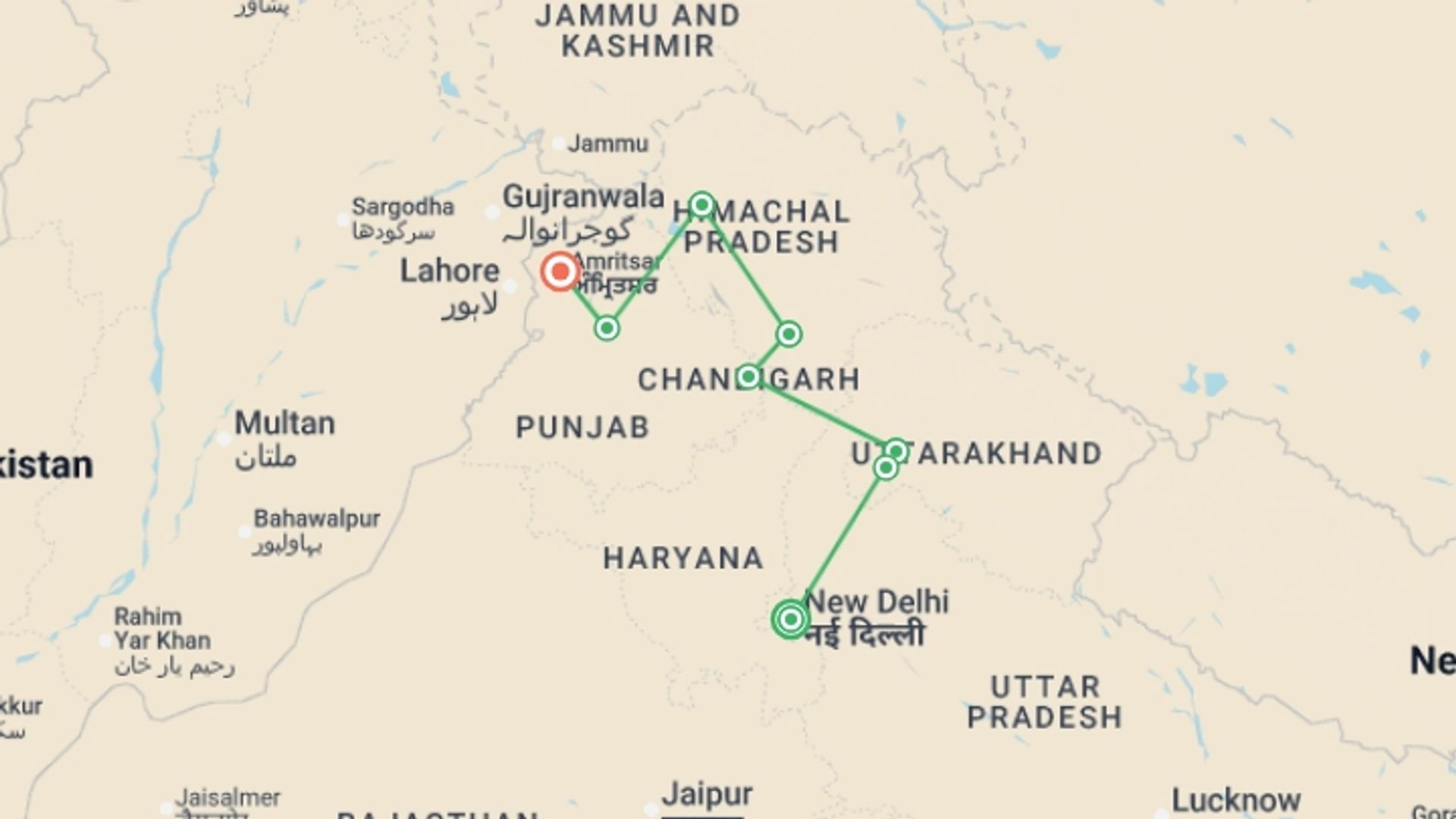 A map showing the tour itinerary for the trip: Spiritual India - Foothills of the Himalaya, starting in New Delhi, India and ending in Amritsar, India going through 6 other destinations.