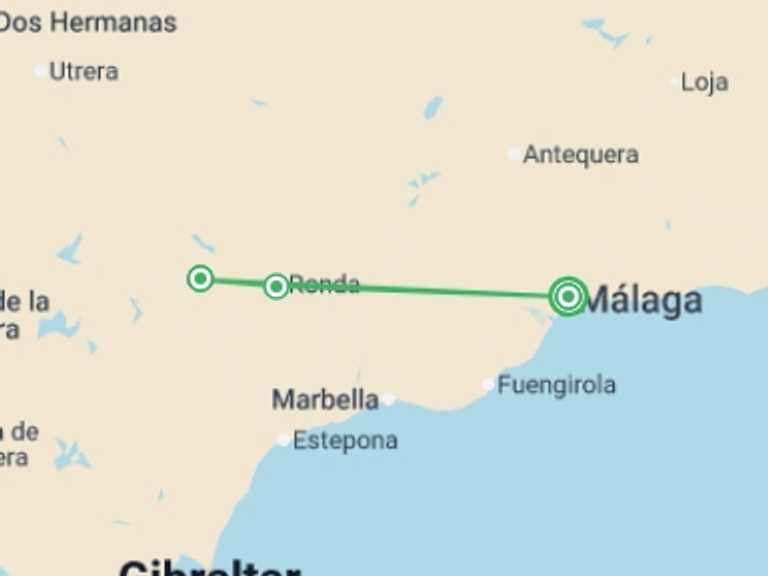 Map itinerary of Mediterranean Tour in September 2027 with 2 destination visits for the trip: Spain Express: Malaga and Seville
