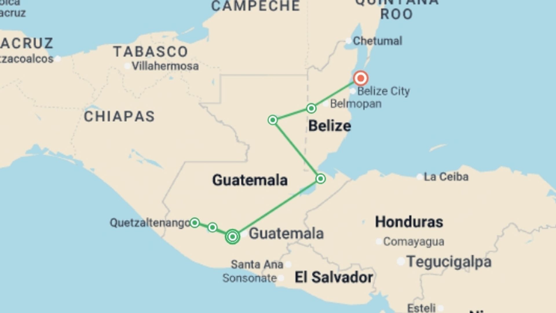 A map showing the tour itinerary for the trip: Best of Guatemala and Belize, starting in Antigua, Guatemala and ending in Caye Caulker, Belize going through 4 other destinations.