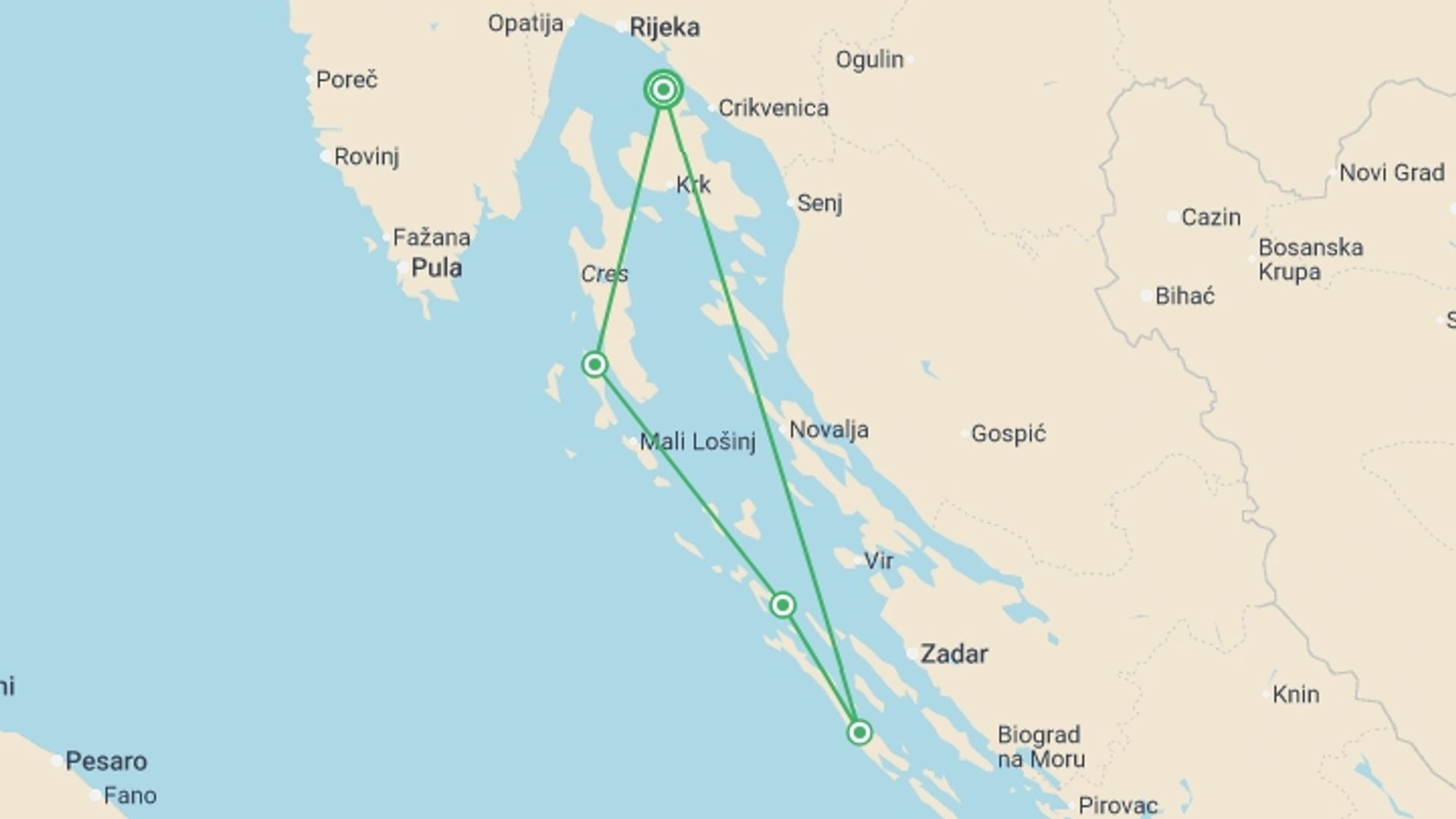 A map showing the tour itinerary for the trip: Kvarner Bay Bike & Boat, starting in Omišalj, Croatia and ending in Omišalj, Croatia going through 3 other destinations.