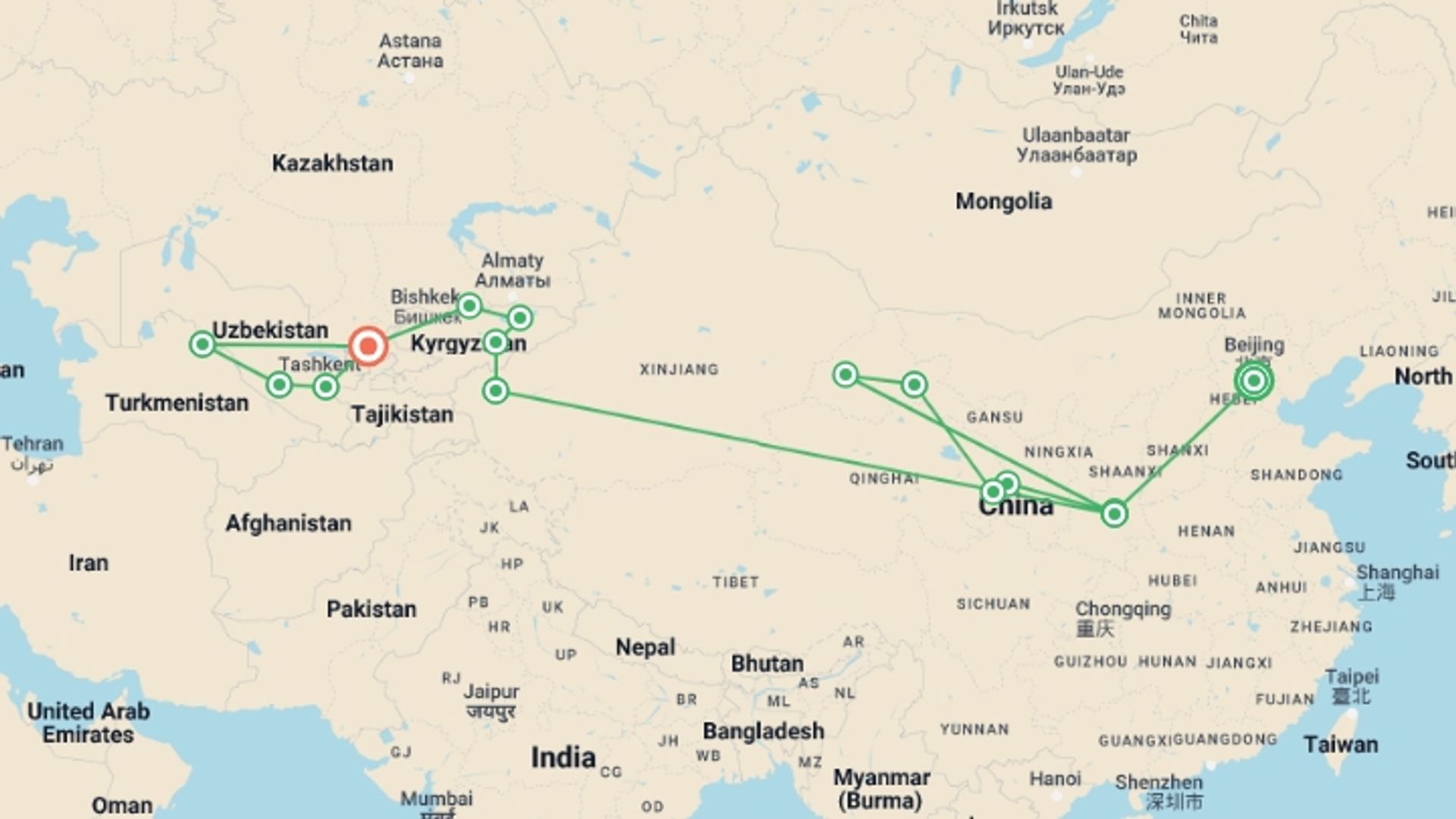 A map showing the tour itinerary for the trip: Silk Road to Samarkand via Kashgar, starting in Beijing, China and ending in Tashkent, Uzbekistan going through 15 other destinations.