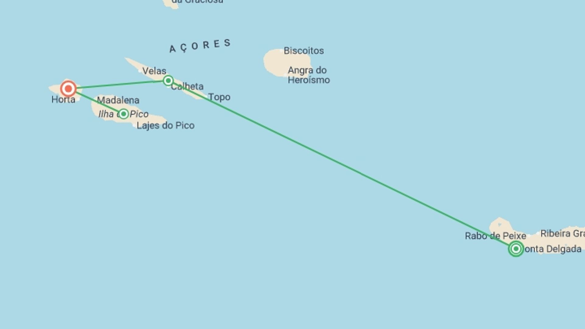 A map showing the tour itinerary for the trip: Highlights of the Azores, starting in Ponta delgada, Portugal and ending in Faial Island, Portugal going through 2 other destinations.