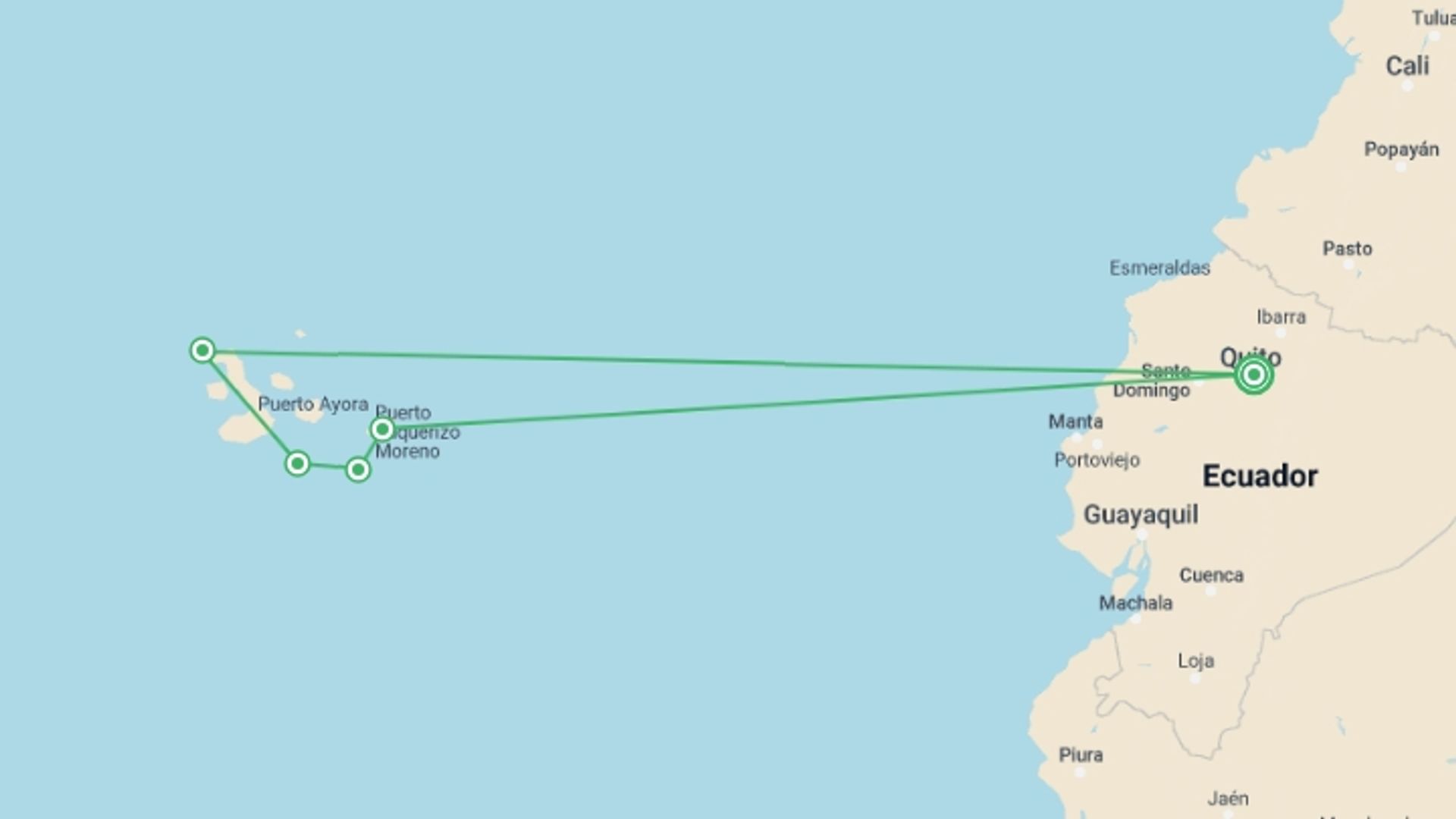 A map showing the tour itinerary for the trip: Galapagos Express - Central, South & East Islands aboard the Archipel I, starting in Quito, Ecuador and ending in Quito, Ecuador going through 4 other destinations.