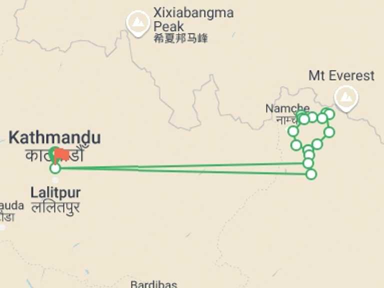 Map itinerary of Everest Base Camp - 3 Passes trek Tour in April 2027 with 17 destination visits for the trip: Everest Base Camp - 3 Passes Trek