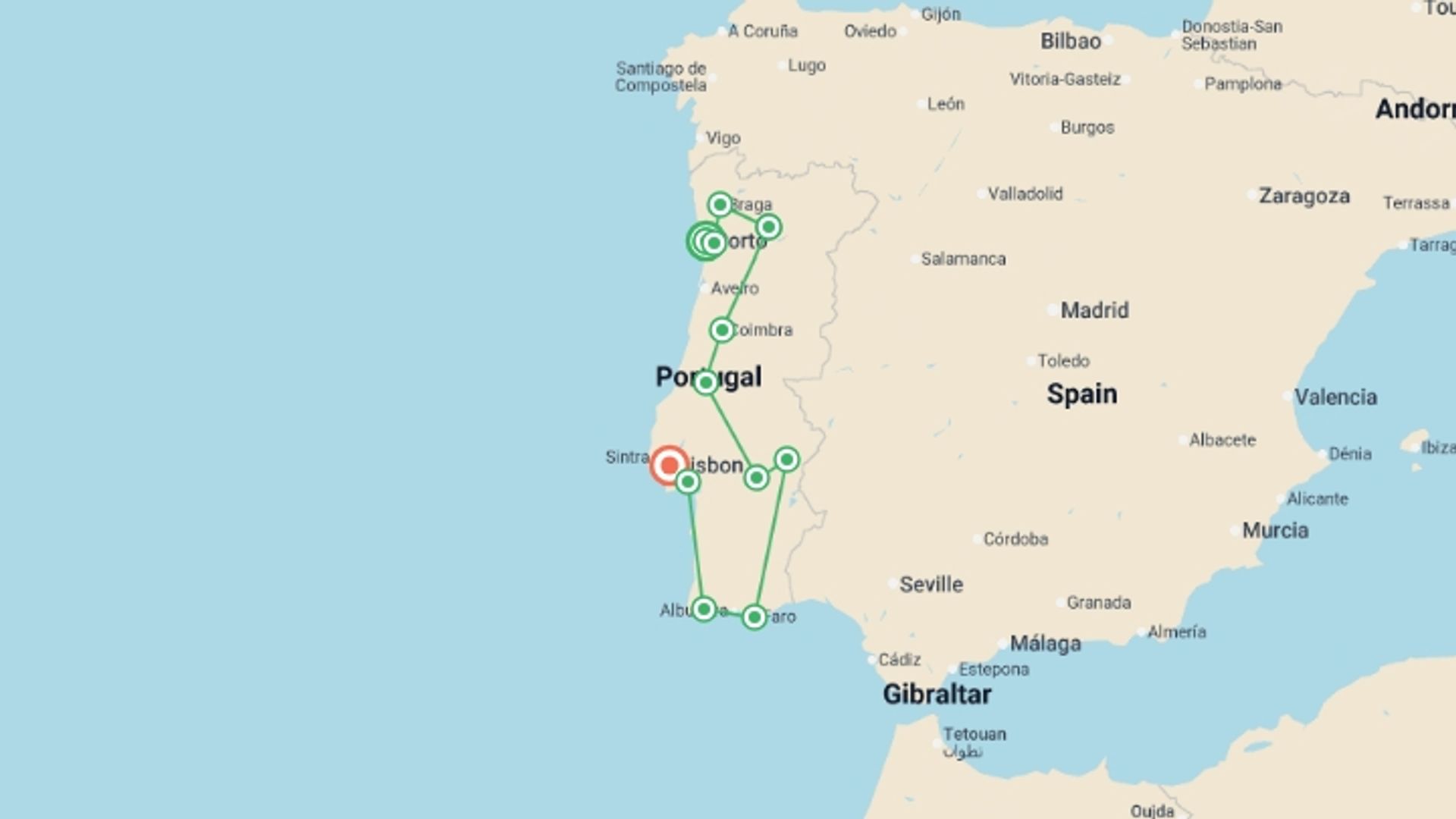 A map showing the tour itinerary for the trip: Ultimate Portugal, starting in Porto, Portugal and ending in Lisbon, Portugal going through 5 other destinations.