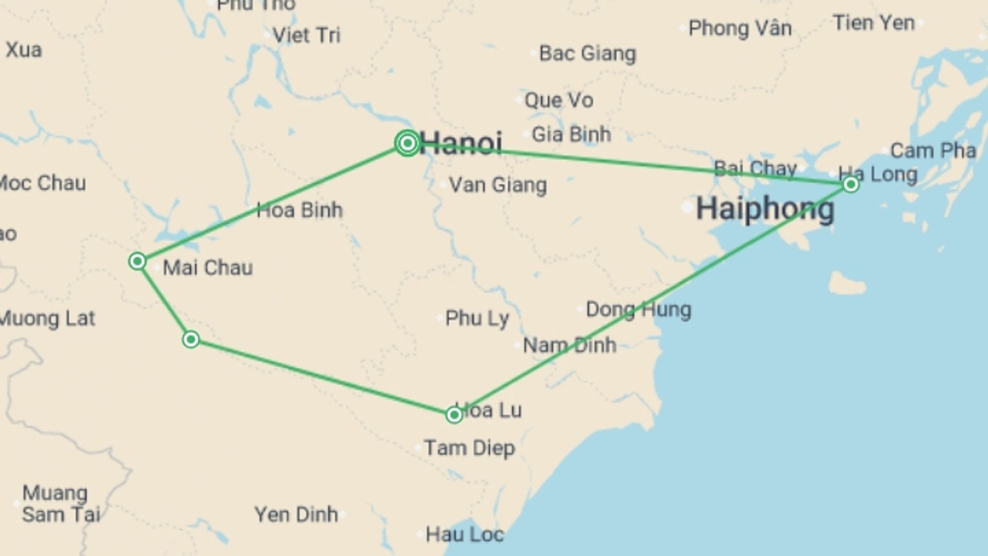 A map showing the tour itinerary for the trip: Hanoi, Mai Chau, Pu Luong & Halong Bay - 9 days , starting in Hanoi, Vietnam and ending in Hanoi, Vietnam going through 4 other destinations.