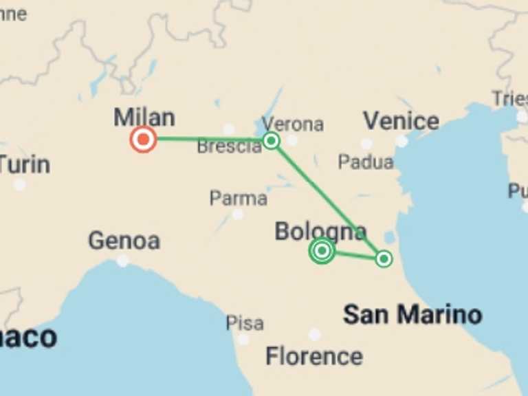 Map itinerary of Milan Tour in September 2025 with 4 destination visits for the trip: Hidden Treasures of Northern Italy