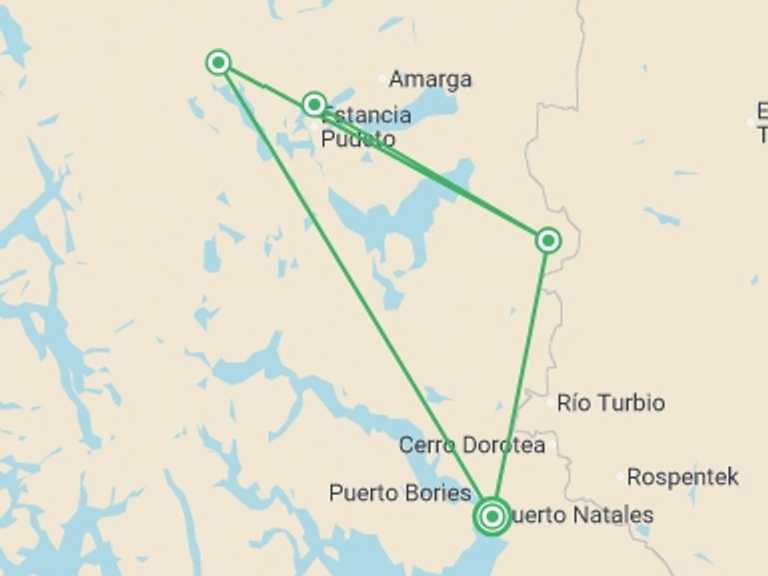 Map itinerary of Chile Tour in Fall with 5 destination visits for the trip: Torres del Paine Guided W Express Trek 4D/3N