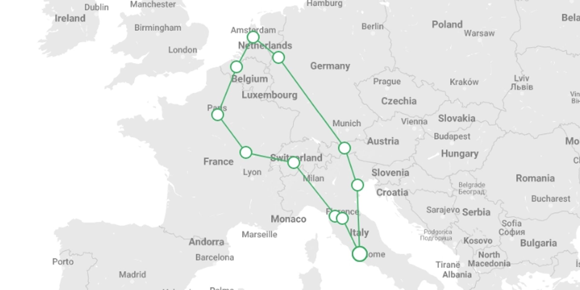 A map showing the tour itinerary for the trip: Europe Escape Christmas & New Year, starting in Rome, Italy and ending in Rome, Italy going through 10 other destinations.