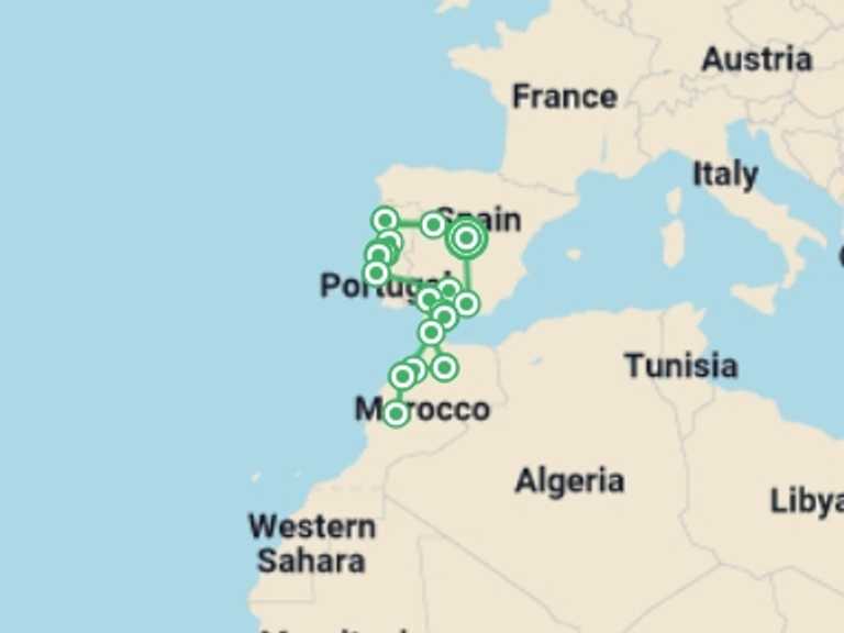 Map itinerary of Spain Tour in November 2026 with 12 destination visits for the trip: Spain, Portugal and Morocco Experience - 21 days 
