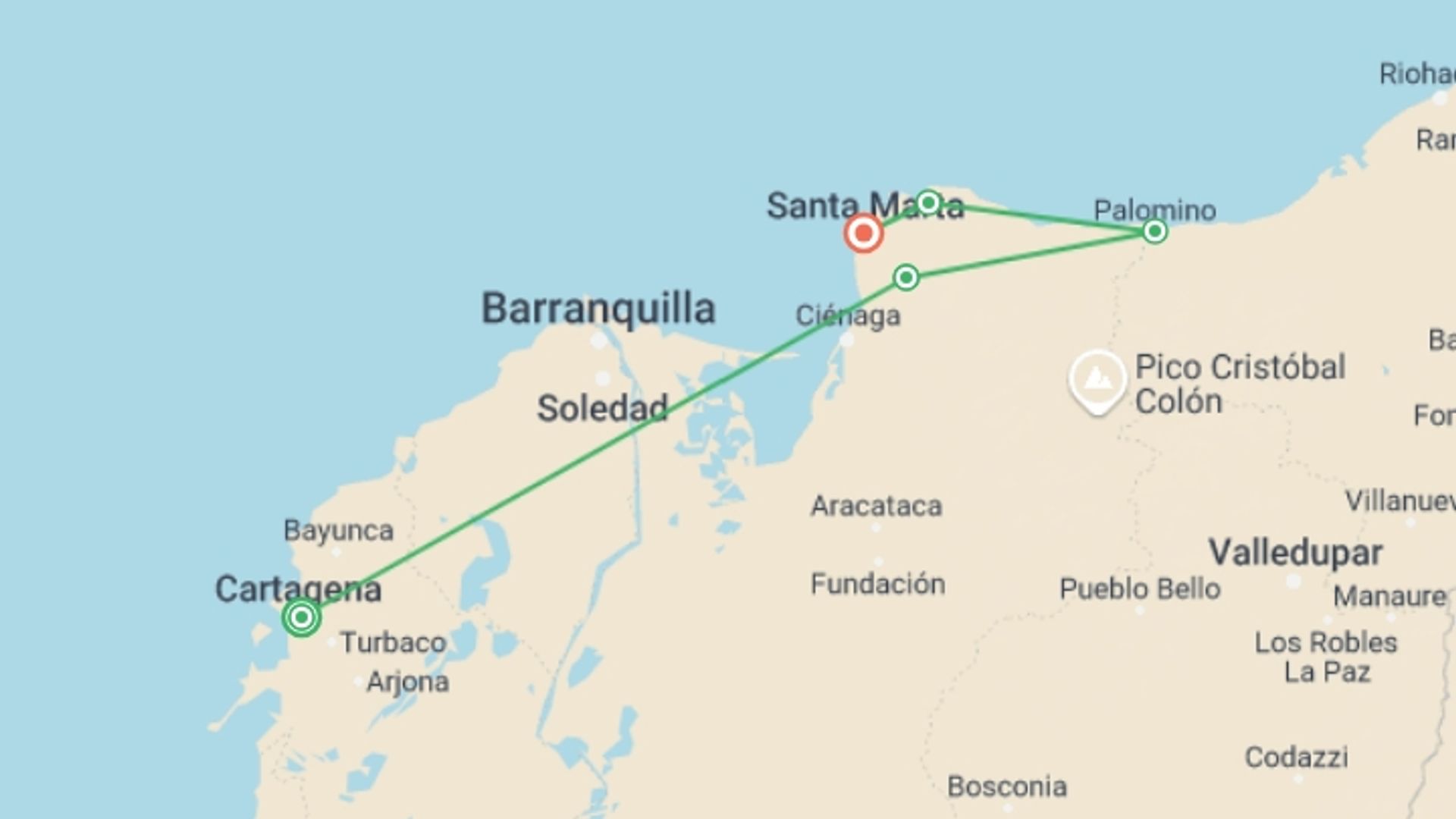A map showing the tour itinerary for the trip: Colombian Adventure: Caribbean Coast & Tayrona National Park, starting in Cartagena, Colombia and ending in Santa Marta, Colombia going through 3 other destinations.