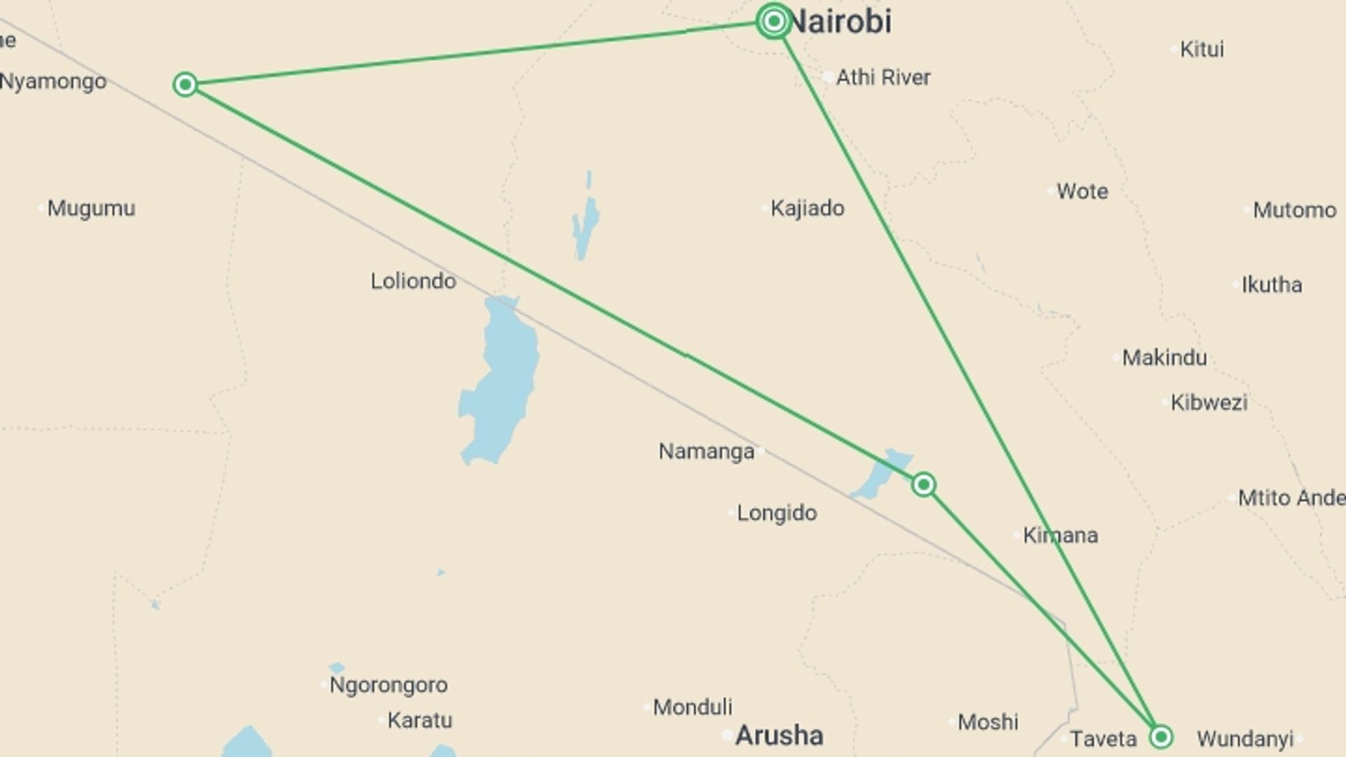 A map showing the tour itinerary for the trip: Safari Dream Adventure 6D/5N (Masai Mara, Amboseli & Tsavo), starting in Nairobi, Kenya and ending in Nairobi, Kenya going through 3 other destinations.