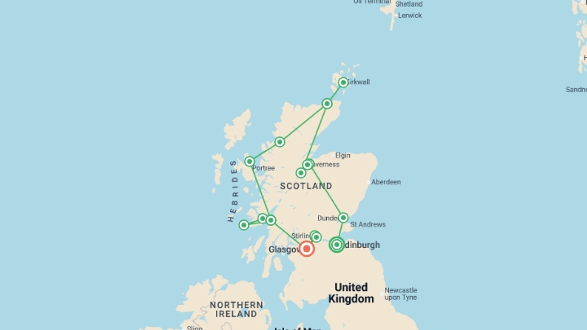 A map showing the tour itinerary for the trip: Scotland's Highlands, Islands and Cities, starting in Edinburgh, Scotland and ending in Glasgow, Scotland going through 5 other destinations.