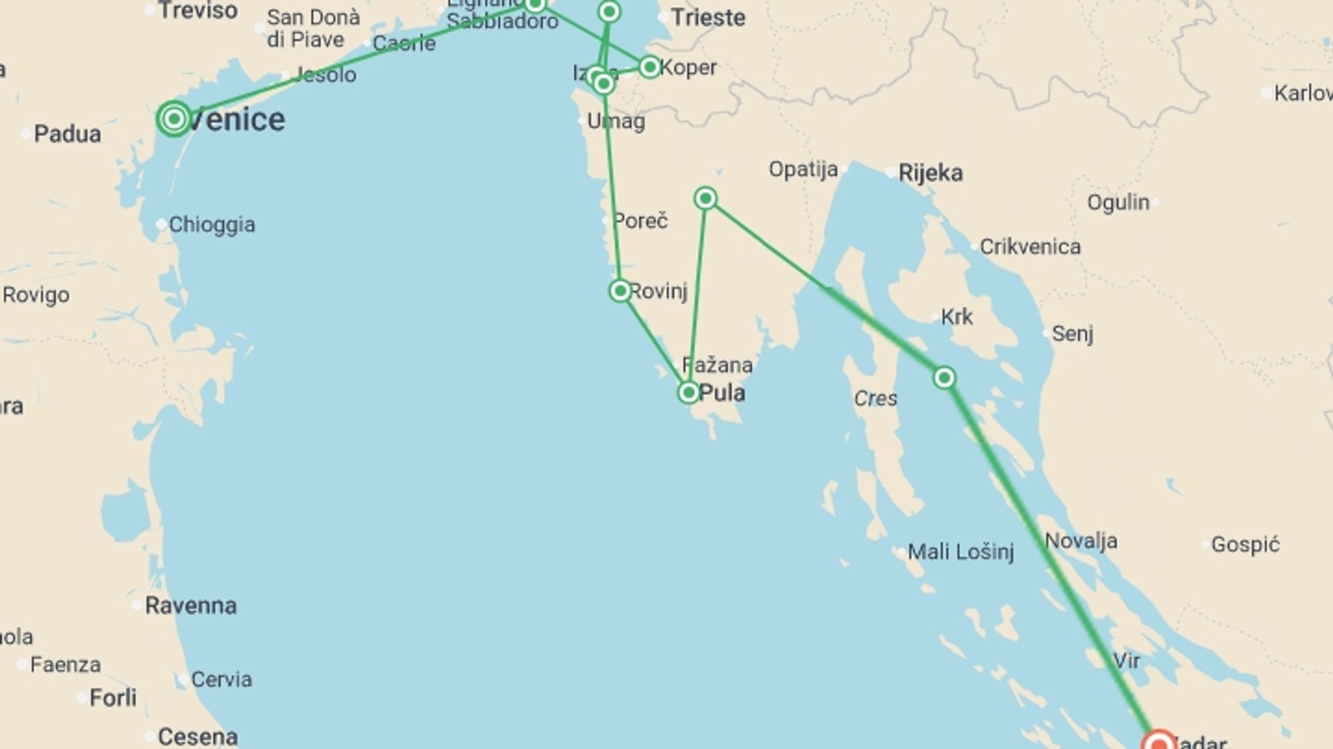 A map showing the tour itinerary for the trip: Sailing Italy to Croatia, starting in Venice, Italy and ending in Zadar, Croatia going through 4 other destinations.