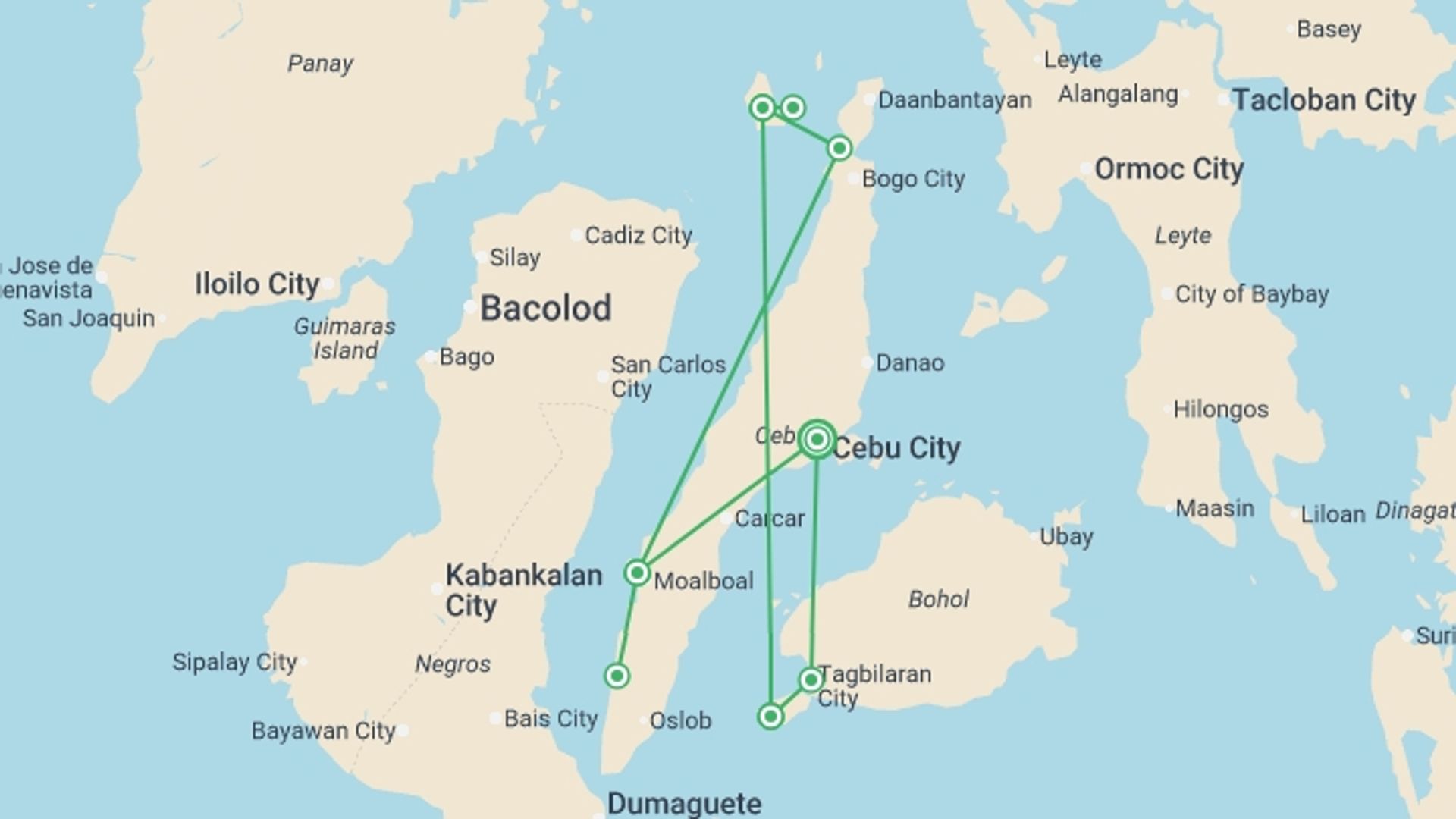 A map showing the tour itinerary for the trip: Philippines Island Hopping 10D/9N, starting in Cebu City, Philippines and ending in Cebu City, Philippines going through 4 other destinations.