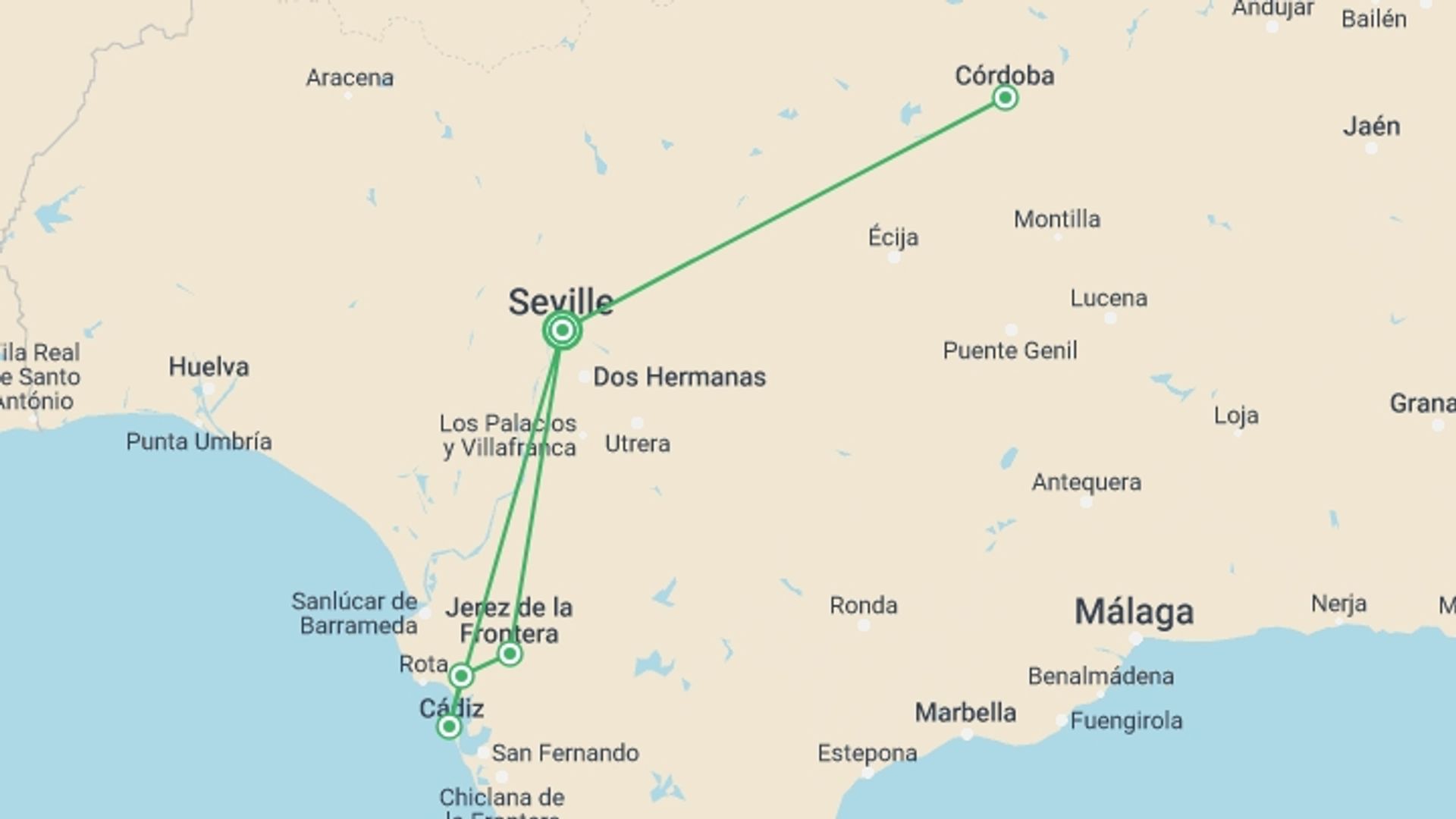 A map showing the tour itinerary for the trip: Andalusian Christmas (port-to-port cruise), starting in Seville, Spain and ending in Seville, Spain going through 2 other destinations.