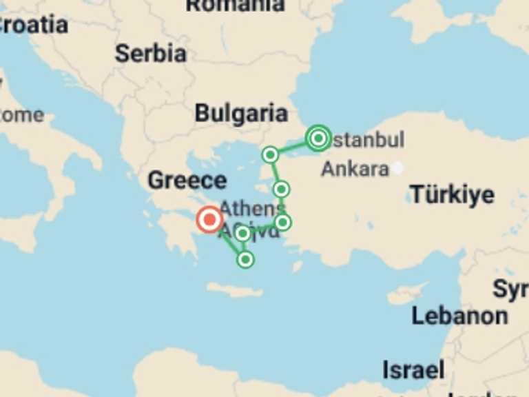 Map of Mediterranean Local culture Tour with 10 destination visits for the trip: Constantinople To Hellas Tour