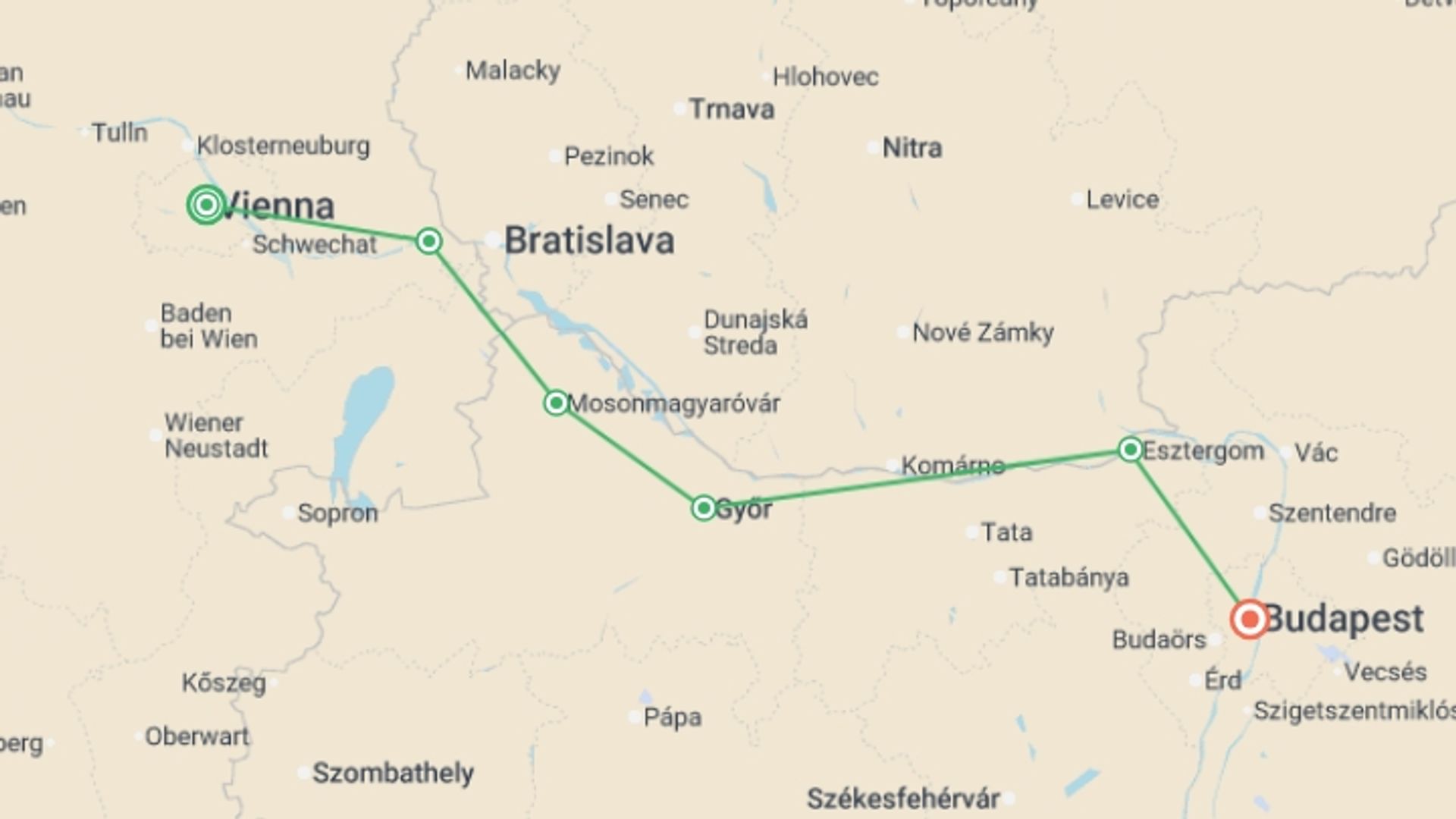 A map showing the tour itinerary for the trip: Self-Guided Cycling from Vienna to Budapest, starting in Vienna, Austria and ending in Budapest, Hungary going through 3 other destinations.