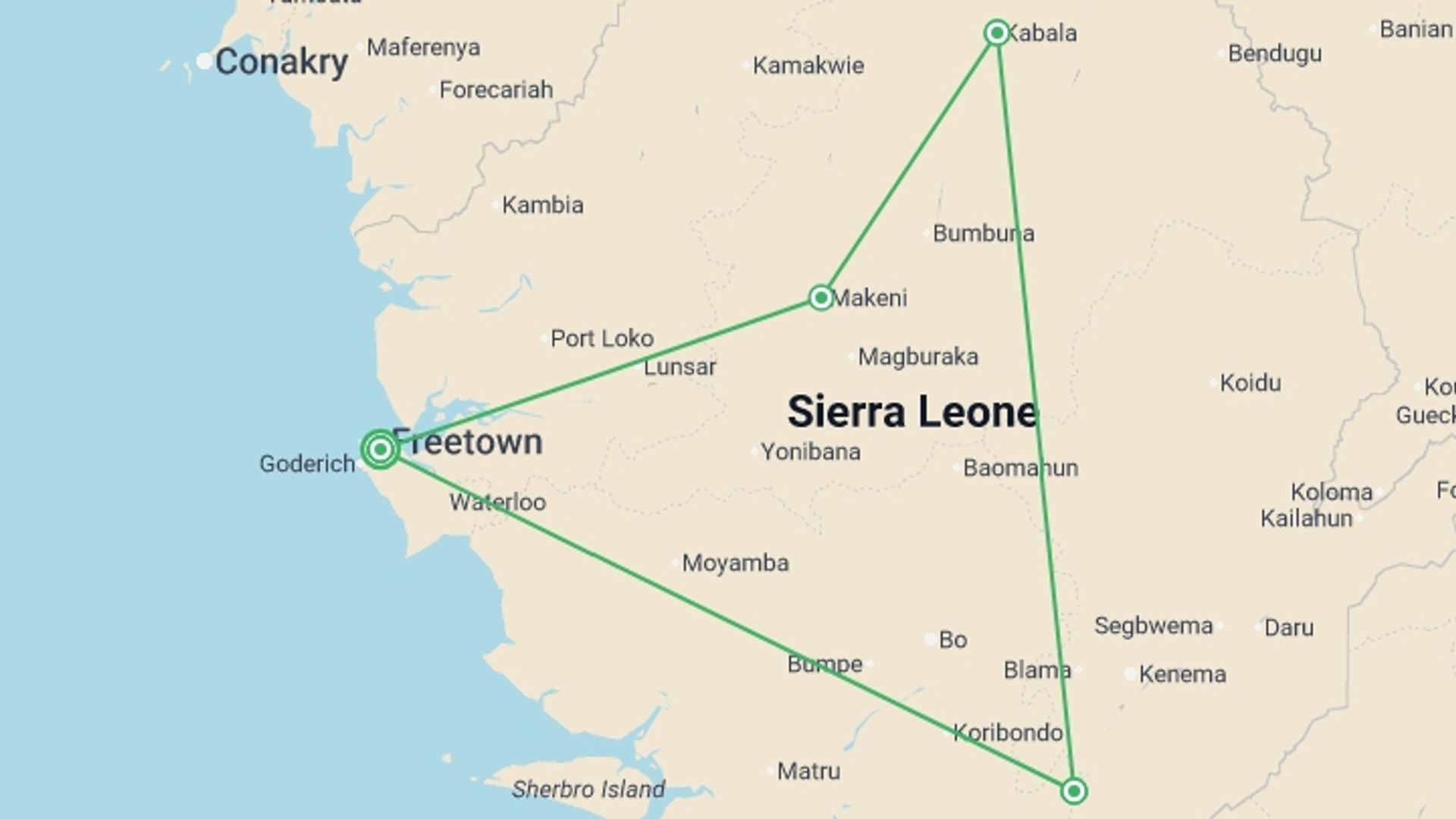 A map showing the tour itinerary for the trip: Sierra Leone Encounters, starting in Freetown, Sierra Leone and ending in Freetown, Sierra Leone going through 2 other destinations.