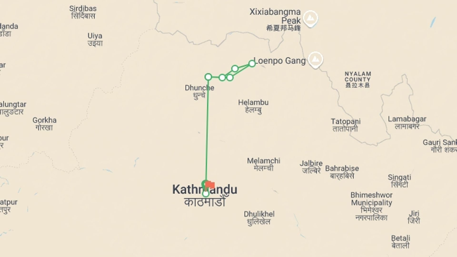 A map showing the tour itinerary for the trip: Langtang Valley Trekking , starting in Kathmandu, Nepal and ending in Kathmandu, Nepal going through 6 other destinations.
