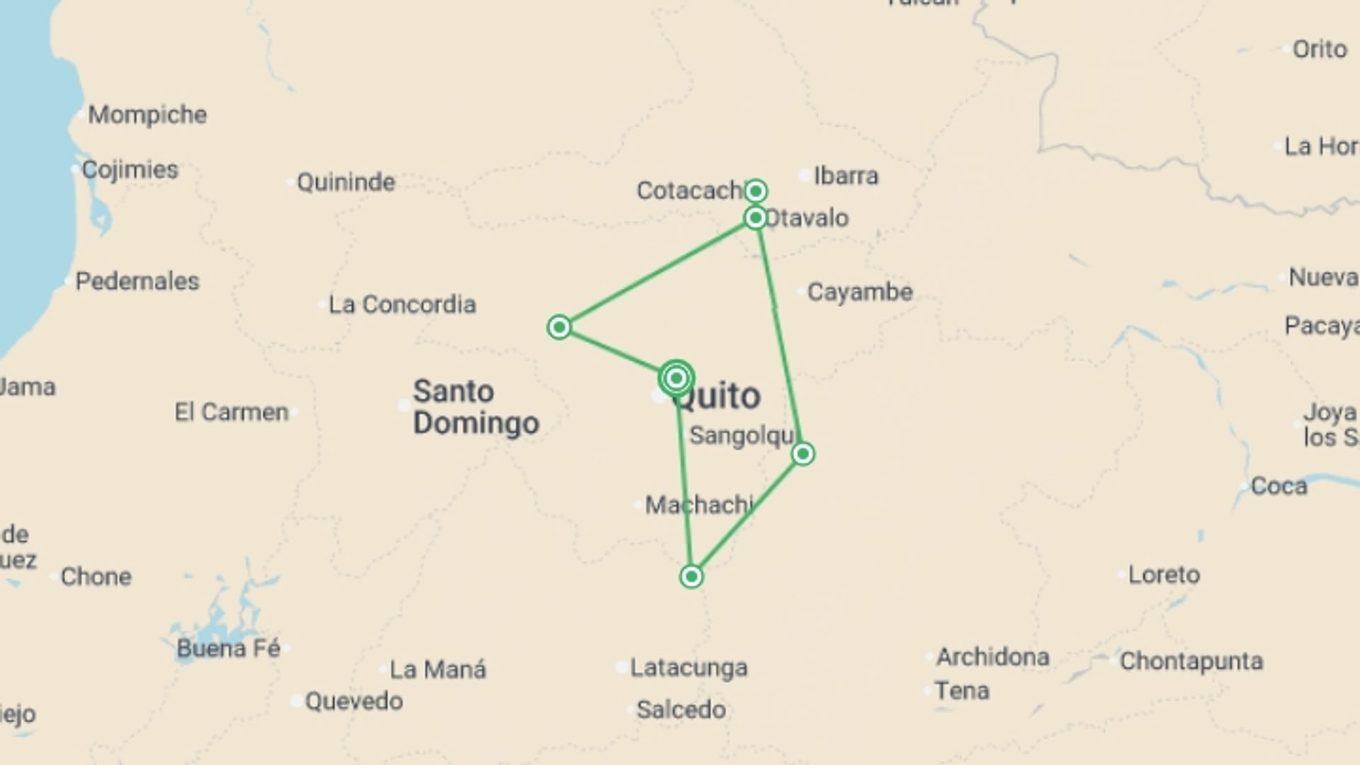 A map showing the tour itinerary for the trip: Ecuador Explorer - 7 days, starting in Quito, Ecuador and ending in Quito, Ecuador going through 3 other destinations.