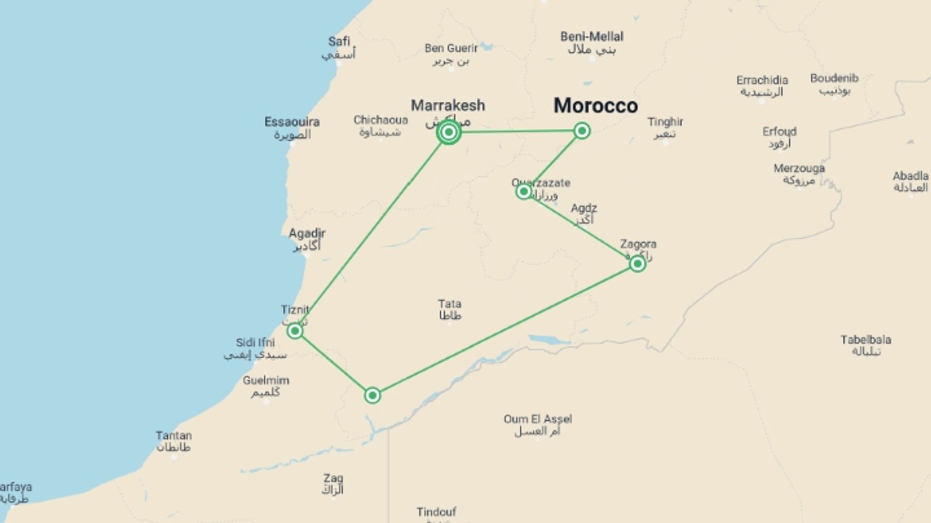 A map showing the tour itinerary for the trip: Hiking Morocco: The High Atlas Mountains, starting in Marrakech, Morocco and ending in Marrakech, Morocco going through 5 other destinations.