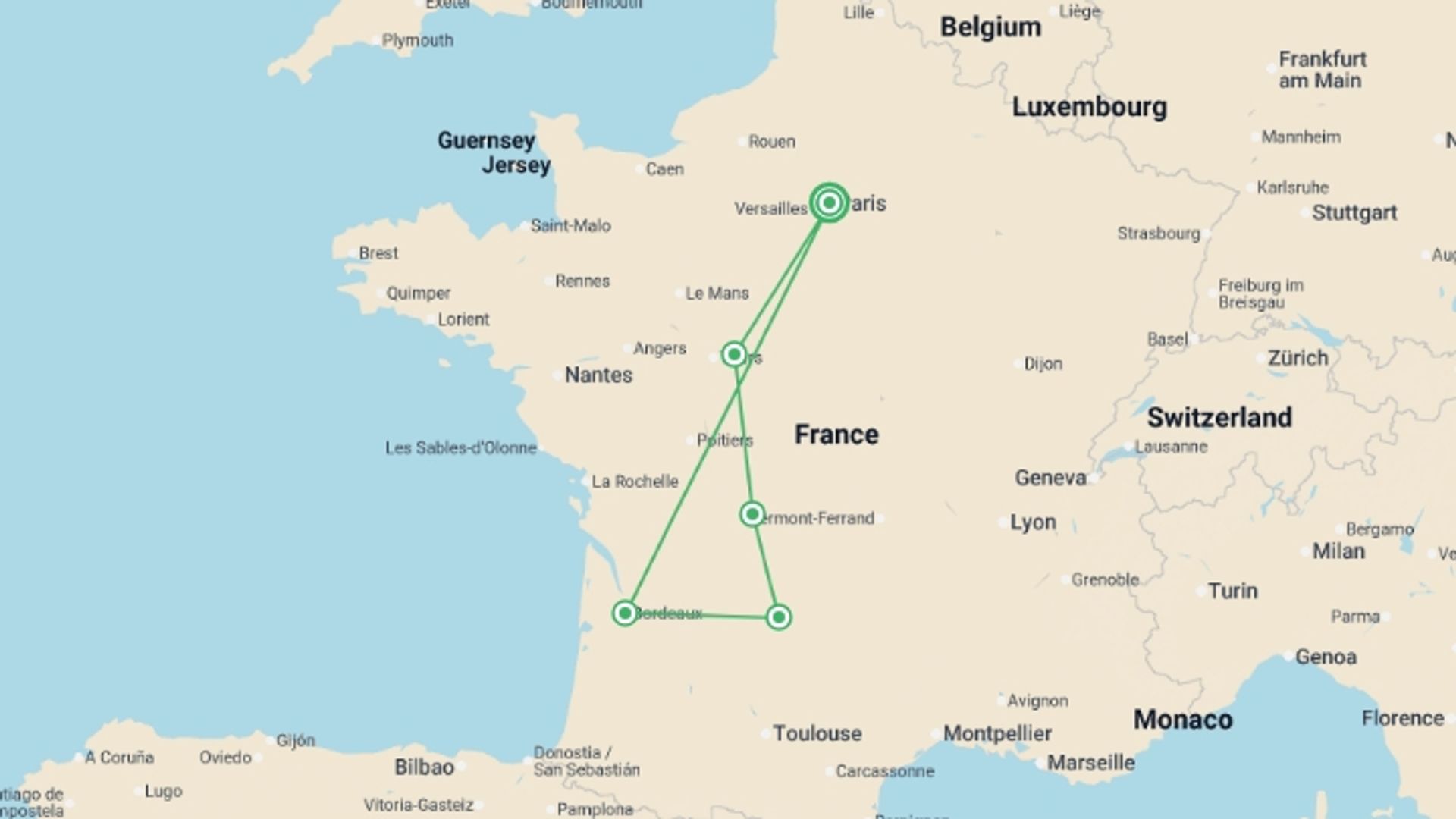 A map showing the tour itinerary for the trip: French Dream, starting in Paris, France and ending in Paris, France going through 4 other destinations.