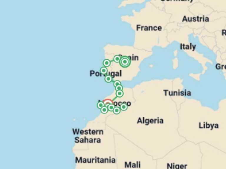 Map itinerary of Lisbon Tour in January 2027 with 15 destination visits for the trip: Spain, Portugal & Morocco