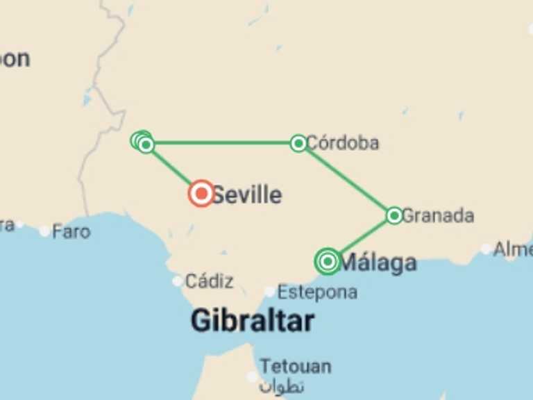 Map itinerary of Spain Tour in March 2027 with 8 destination visits for the trip: Highlights of Andalucia