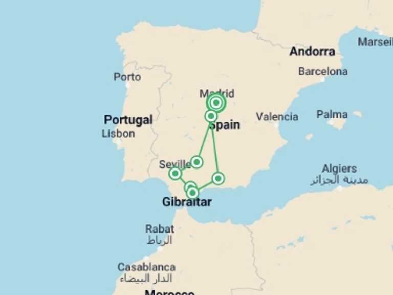 Map of Spain Tour with 4 destination visits for the trip: Andalusia With Costa Del Sol & Toledo