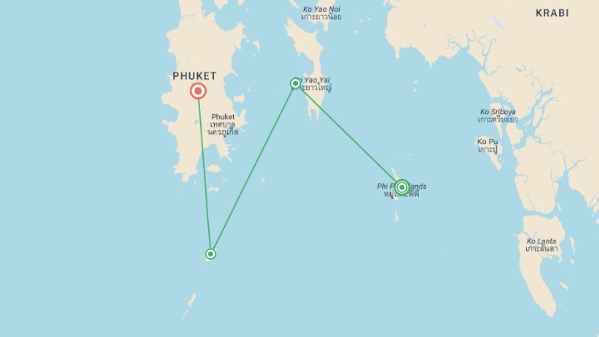 A map showing the tour itinerary for the trip: Sail Ko Phi Phi to Phuket, starting in Koh Phi Phi, Thailand and ending in Phuket, Thailand going through 3 other destinations.