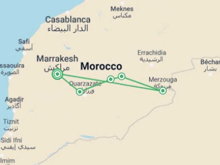 Map itinerary of Marrakech Tour in August 2027 with 5 destination visits for the trip: The Sahara Dunes Experience