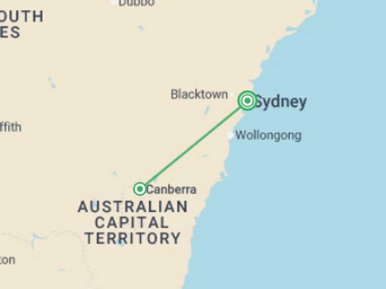 Map itinerary of Sydney and NSW Tour in September 2027 with 3 destination visits for the trip: Capital Blooms