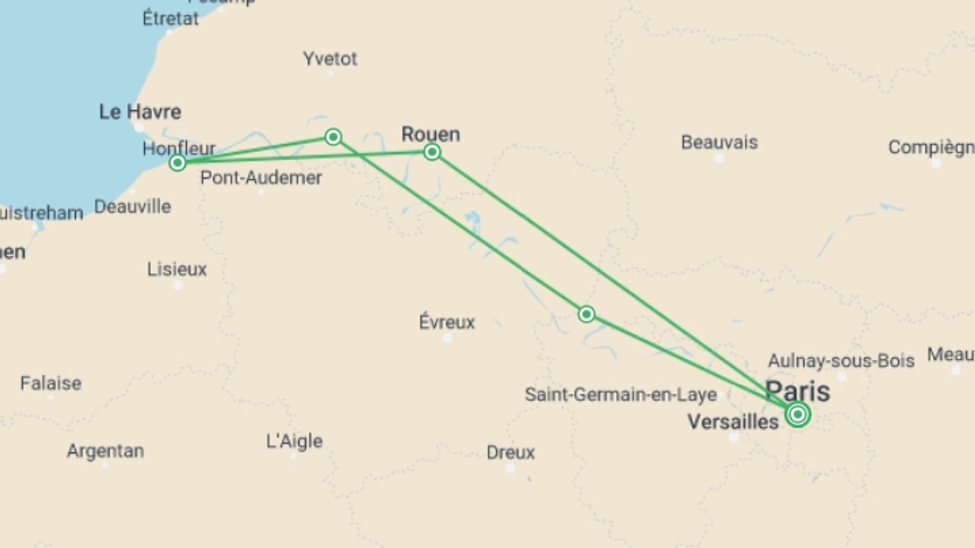 A map showing the tour itinerary for the trip: Impressionist Reflections Along the Seine (port-to-port cruise), starting in Paris, France and ending in Paris, France going through 4 other destinations.