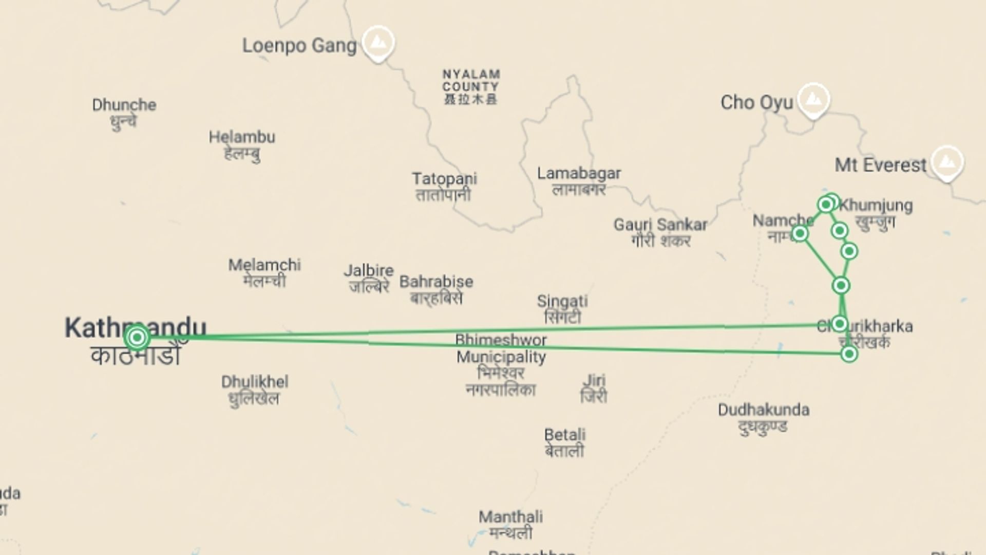 A map showing the tour itinerary for the trip: Gokyo Trek with Renjo La Pass, starting in Kathmandu, Nepal and ending in Kathmandu, Nepal going through 9 other destinations.