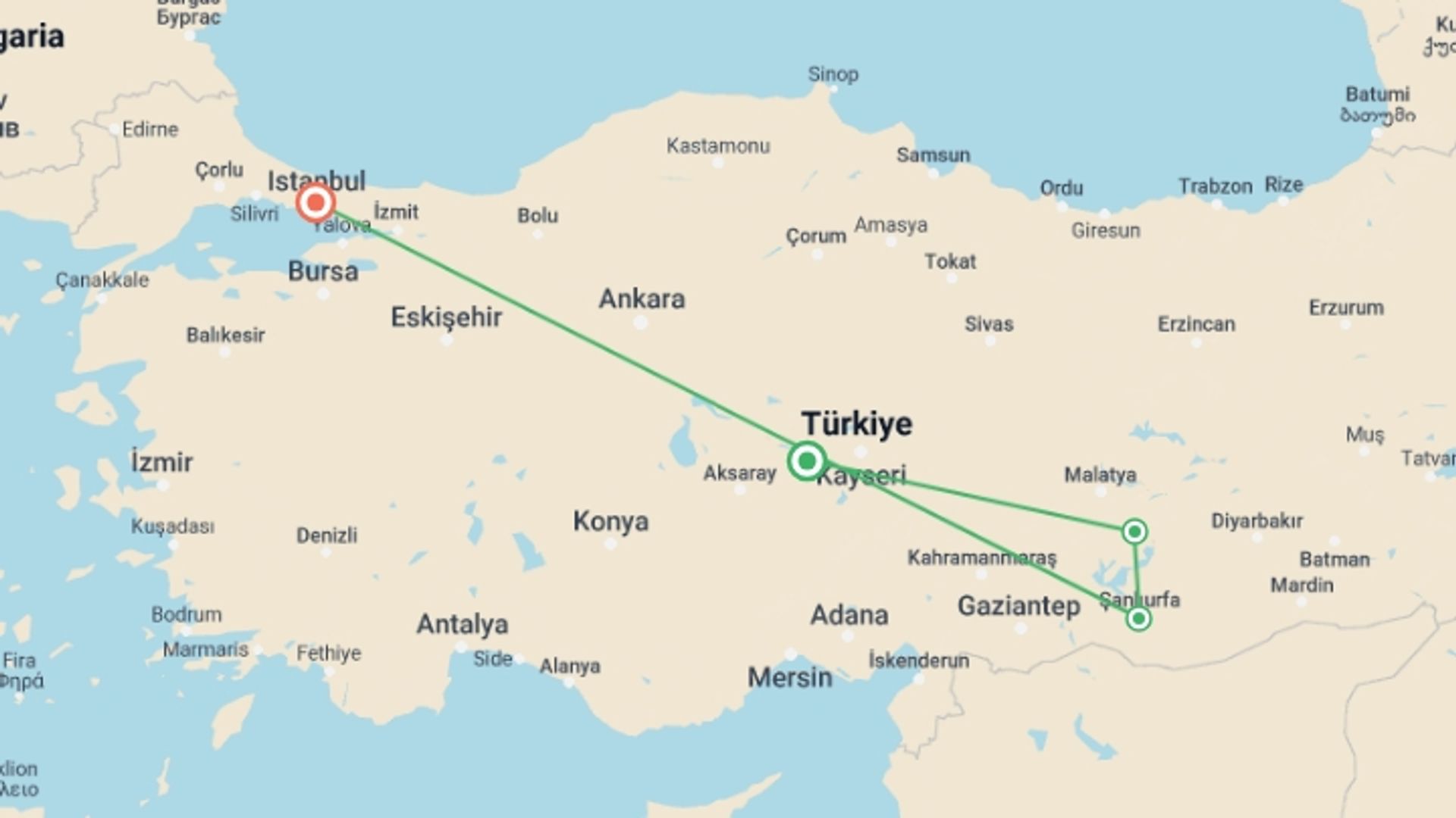 A map showing the tour itinerary for the trip: Private Mt Nemrut and Gobeklitepe Tour, starting in Cappadocia, Turkey and ending in Istanbul, Turkey going through 2 other destinations.
