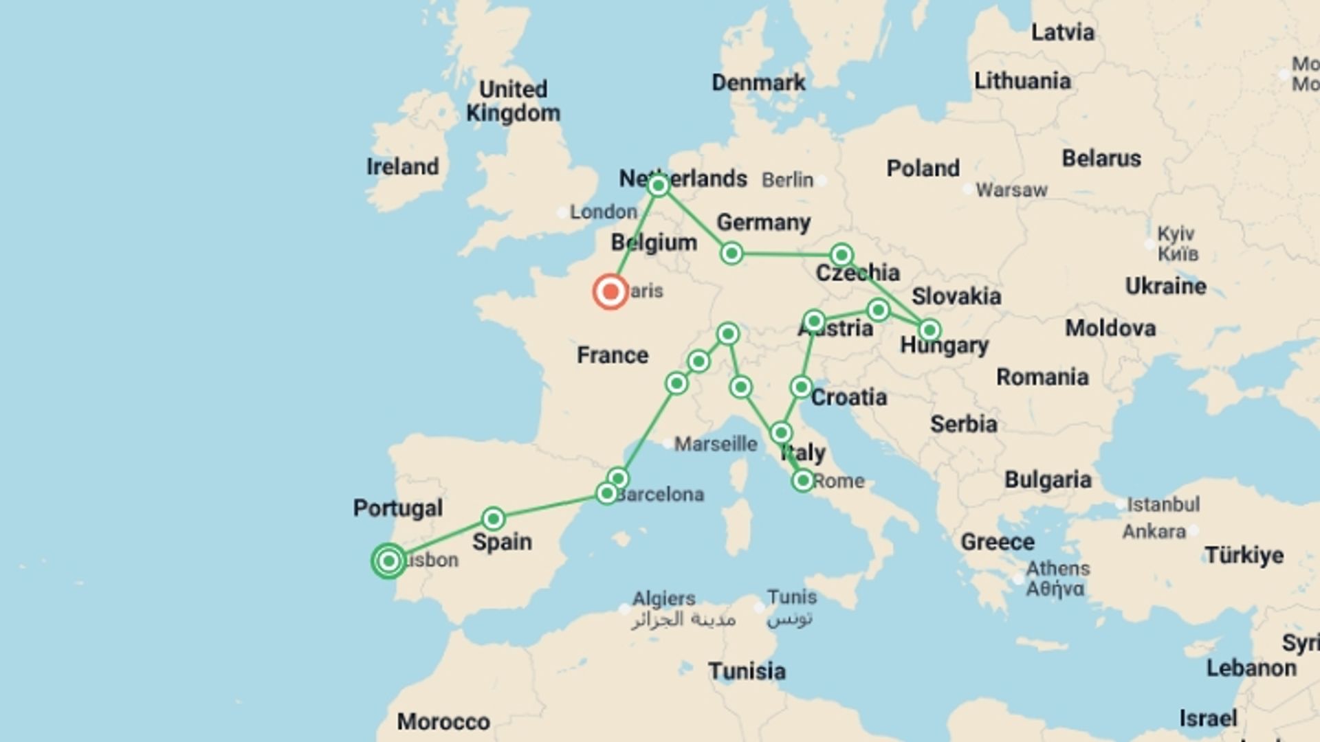 A map showing the tour itinerary for the trip: Contrast of Europe end Paris, starting in Lisbon, Portugal and ending in Paris, France going through 16 other destinations.