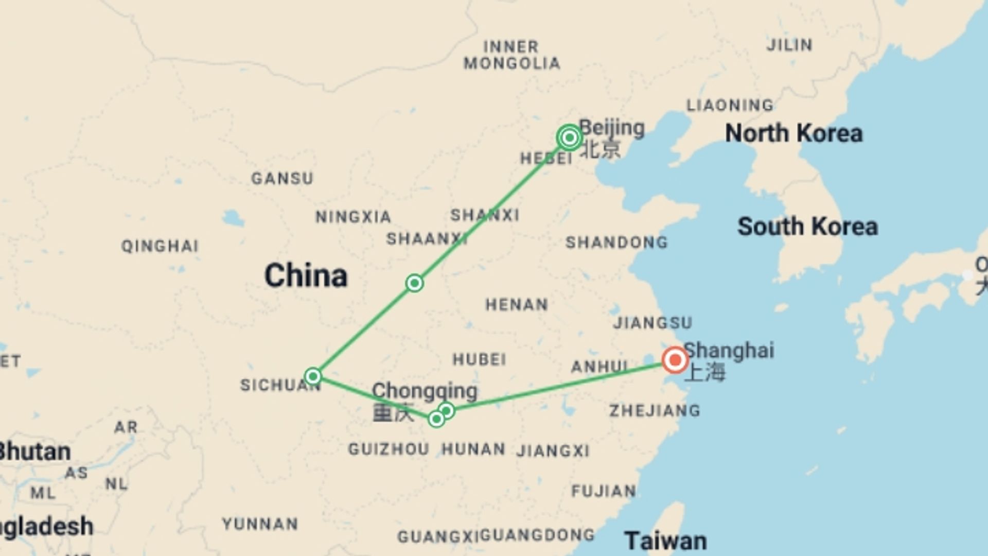 A map showing the tour itinerary for the trip: Wonders of China, starting in Beijing, China and ending in Shanghai, China going through 4 other destinations.