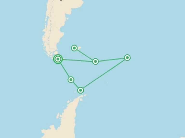 Map itinerary of Ushuaia Tour in January 2026 with 6 destination visits for the trip: Falklands, South Georgia and Antarctica - Expedition
