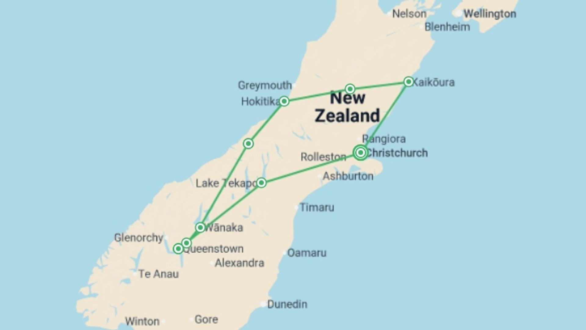 A map showing the tour itinerary for the trip: New Zealand South Island: Alps & Adrenaline, starting in Christchurch, New Zealand and ending in Christchurch, New Zealand going through 5 other destinations.