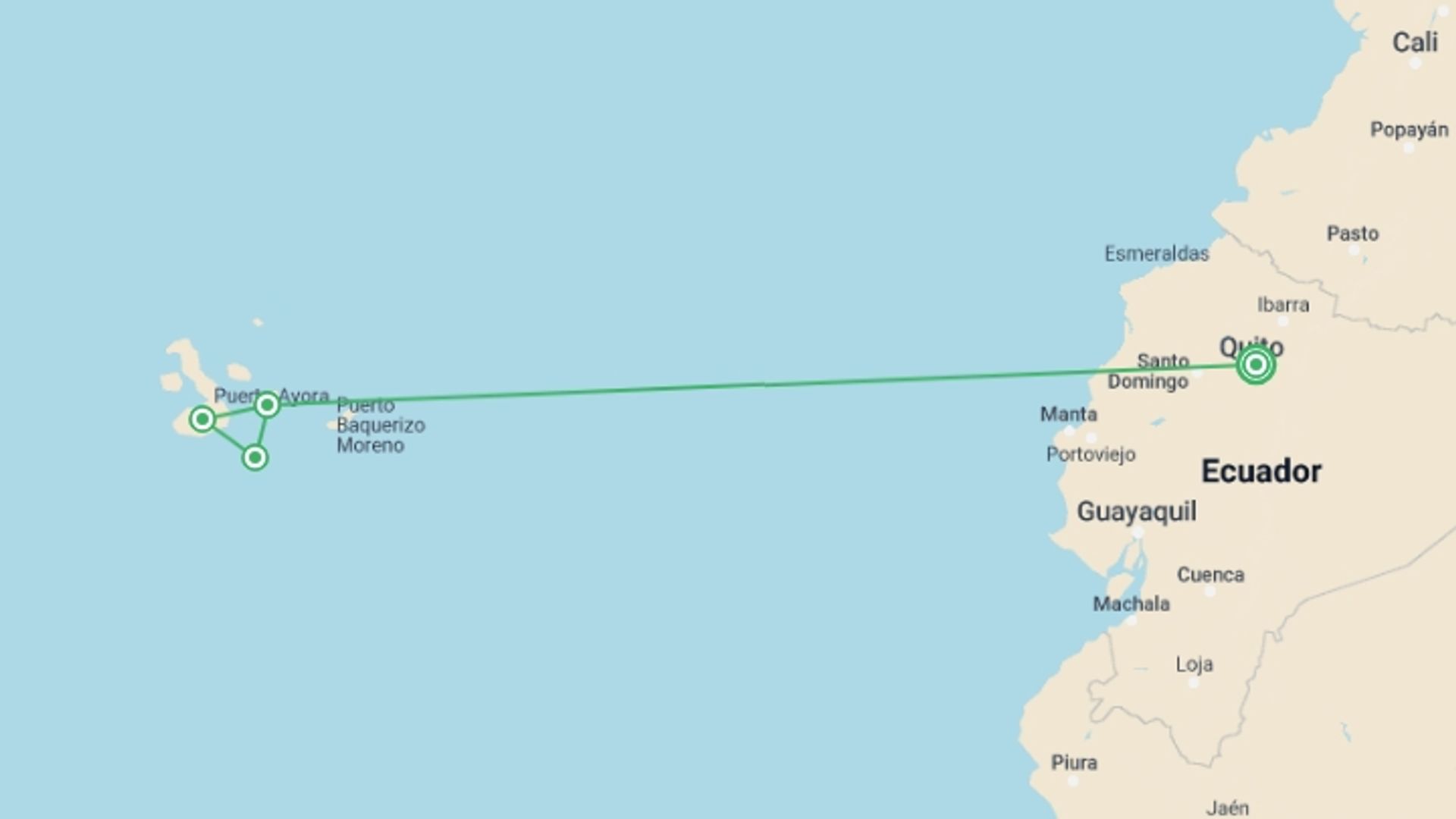 A map showing the tour itinerary for the trip: Galápagos Multisport, starting in Quito, Ecuador and ending in Quito, Ecuador going through 3 other destinations.