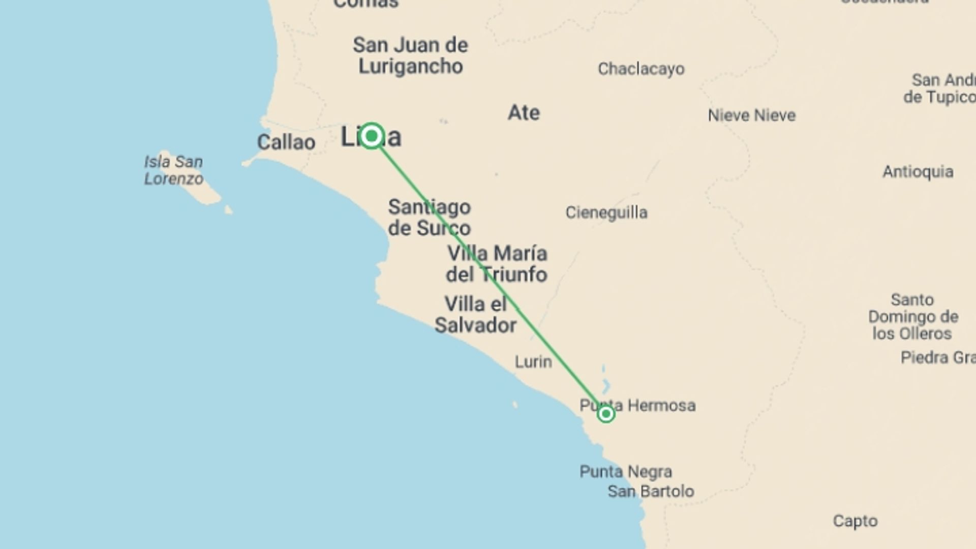 A map showing the tour itinerary for the trip: Peru Surf Experience 4D/3N, starting in Lima, Peru and ending in Lima, Peru going through 1 other destinations.